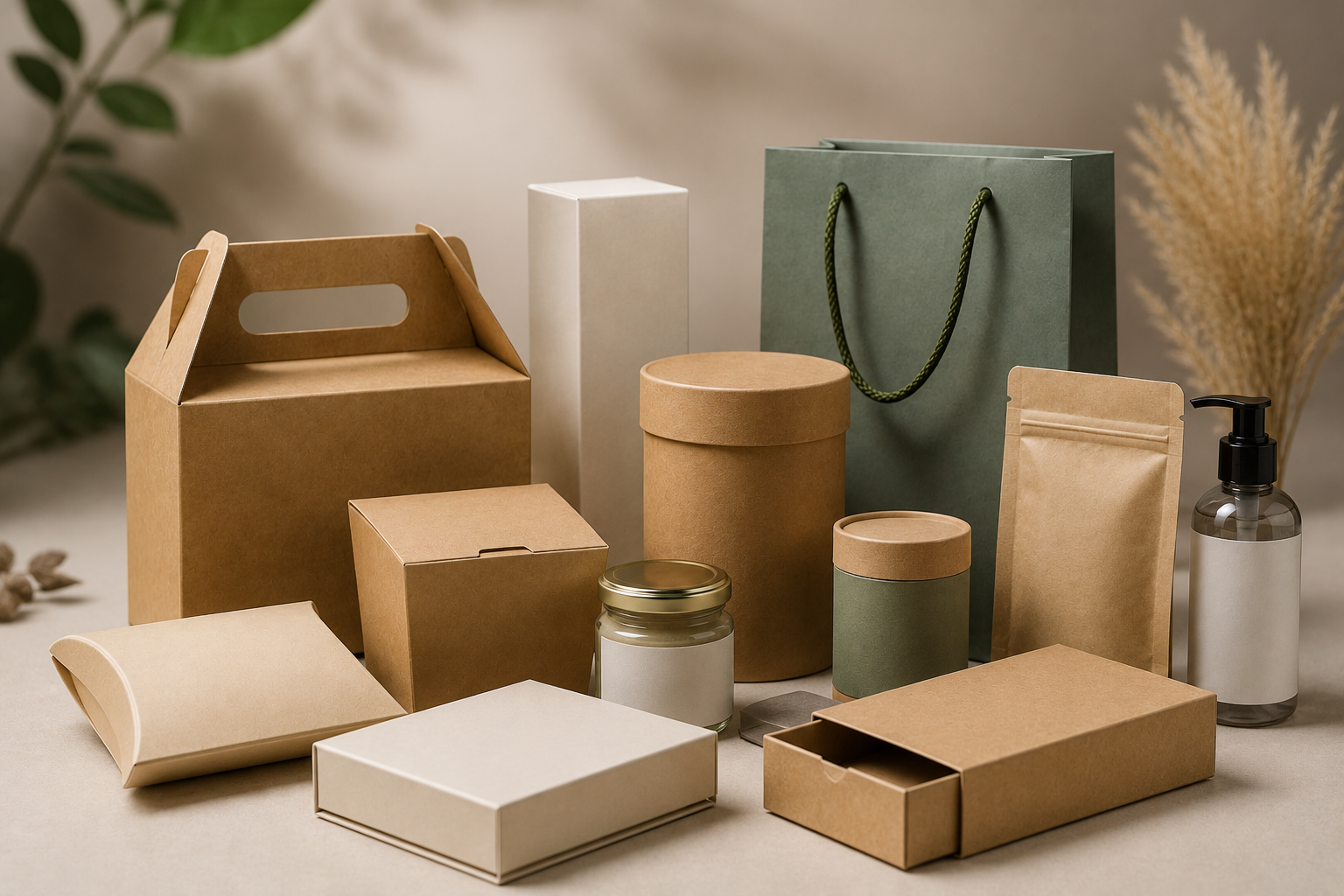 نمونه‌های متنوع بسته‌بندی محصولات شامل جعبه، پاکت، بطری و بگ کاغذی با طراحی مینیمال و حرفه‌ای